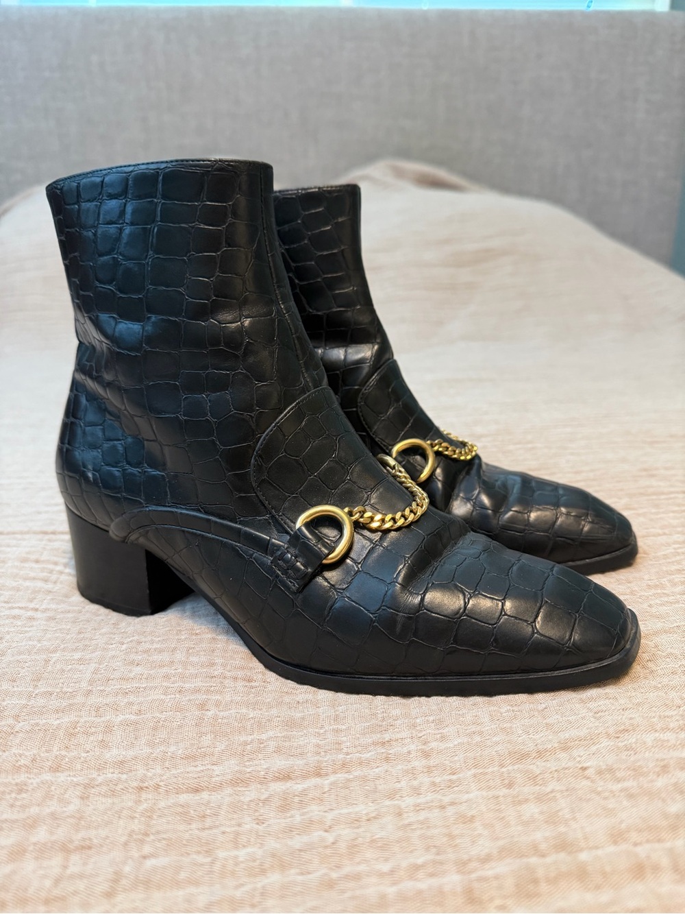 STELLA MCCARTNEY Black Croc-Embossed Leather Ankle Boots w/ Gold Chain Detail - Picture 2 of 8